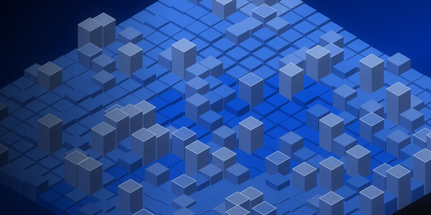 Isometric field of blue blocks rising to different heights, representing a company's technology infrastructure